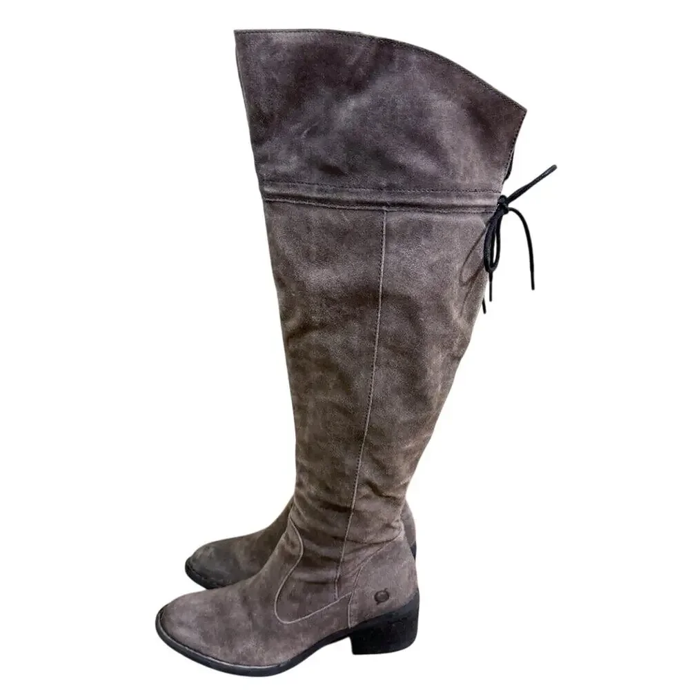Born Taupe Suede Over the Knee Boots Women's 7.5 Side Zip/Back Tie Flannel Lined